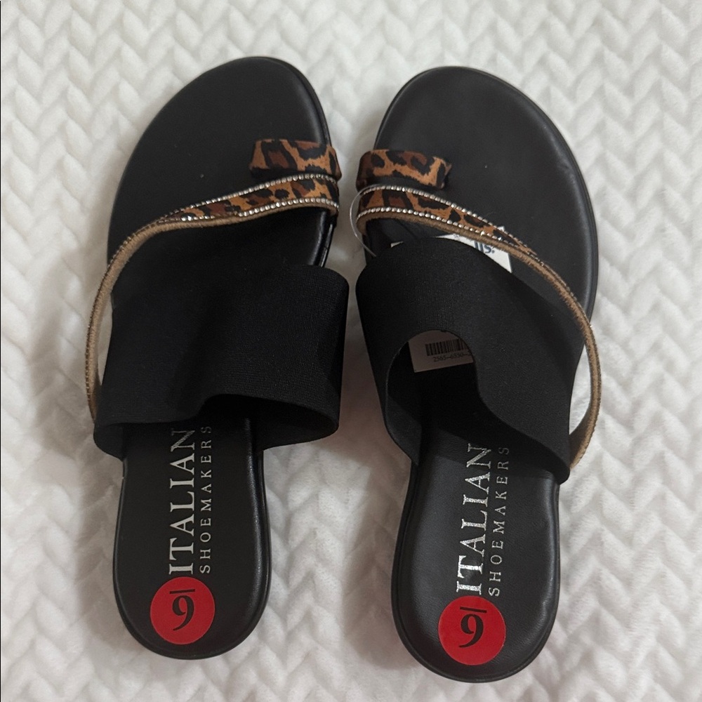 Italian Shoemakers Black and Leopard Print Sandals